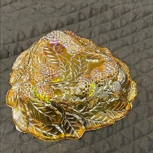 Iridescent Gold Glass Decorative Bowl with Berry & Leaf Design